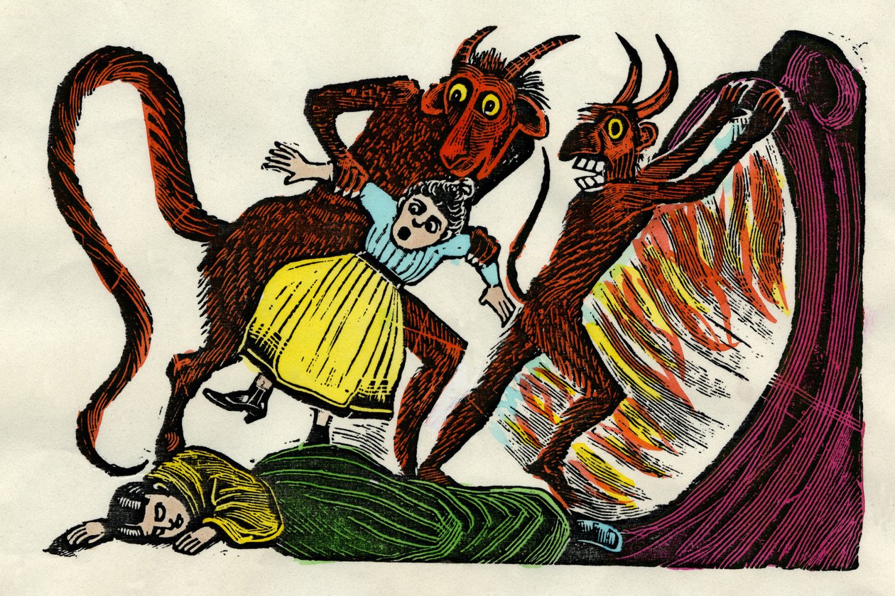 José Guadalupe Posada (1852-1913). Paholainen raahaa Josephina Loran helvettiin. Ksylografinen akvarelli, Mexico City tekijältä Jose Guadalupe Posada