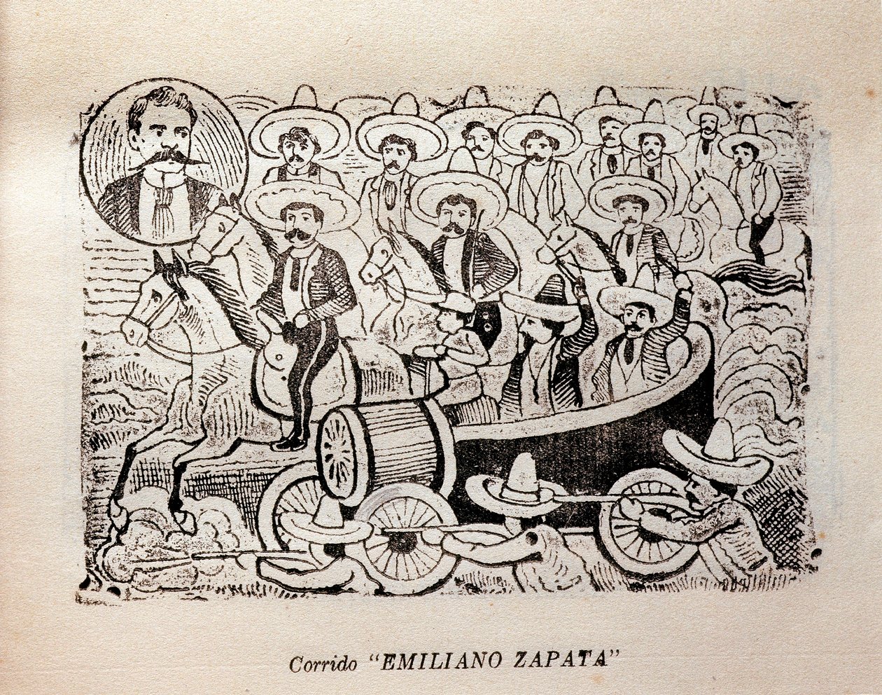 Meksiko. Meksikon vallankumous "Corrido Emiliano Zapata" (kaiverrus) tekijältä José Guadalupe Posada