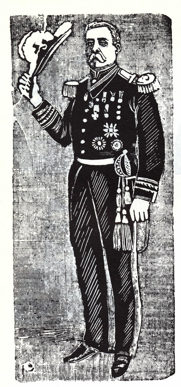 Porfirio Diazin (1828-1915), Meksikon tasavallan presidentin muotokuva. Jose Guadalupe Innin (1852-1913) ksylografia. tekijältä José Guadalupe Posada
