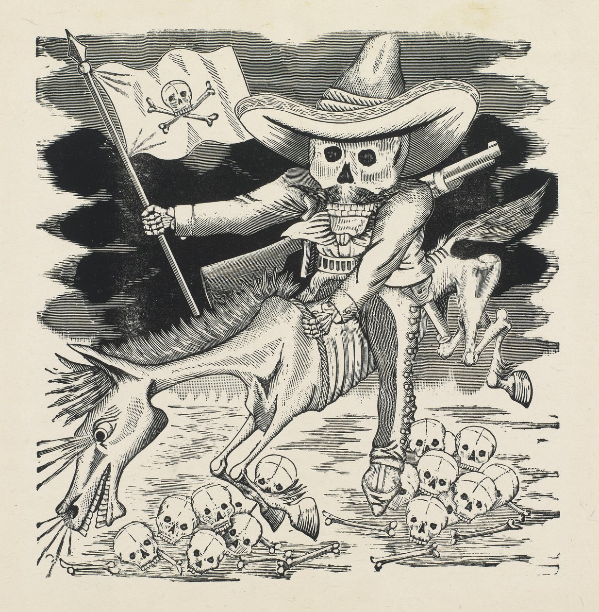 Emiliano Zapatan suuri pääkallo, n. 1911–1916, painettu 1930 (valokuvareliefi-etsaus kaiverruksella) tekijältä José Guadalupe Posada