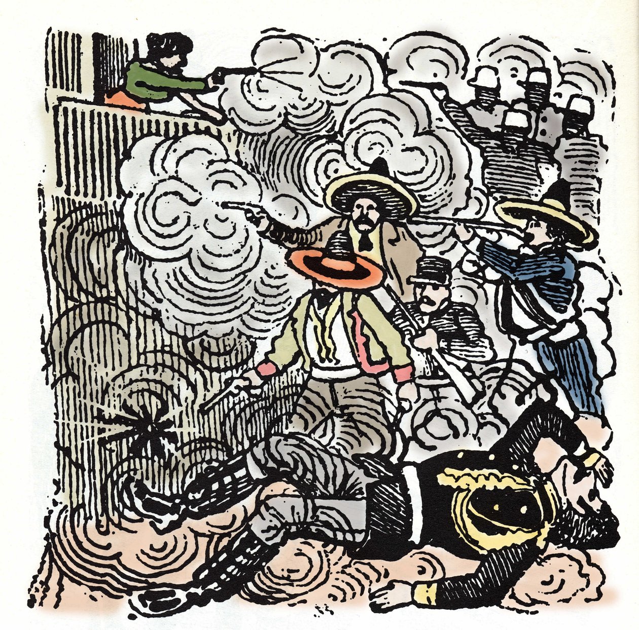Meksikon vallankumous (1910-1920): hyökkäys Aquiles Serdanin (1876-1910) taloon. Ksylografia Jose Guadalupe Posada (1852-1913). tekijältä José Guadalupe Posada