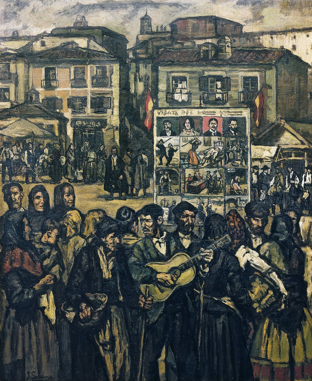 GUTIERREZ SOLANA, Jose (1886-1945). El cartel del crimen (El musico ciego) - rikoskartelli (sokea muusikko). n. 1920. (78 x 64 cm). Öljy kankaalle. Yksityiskokoelma. tekijältä Jose Gutierrez Solana