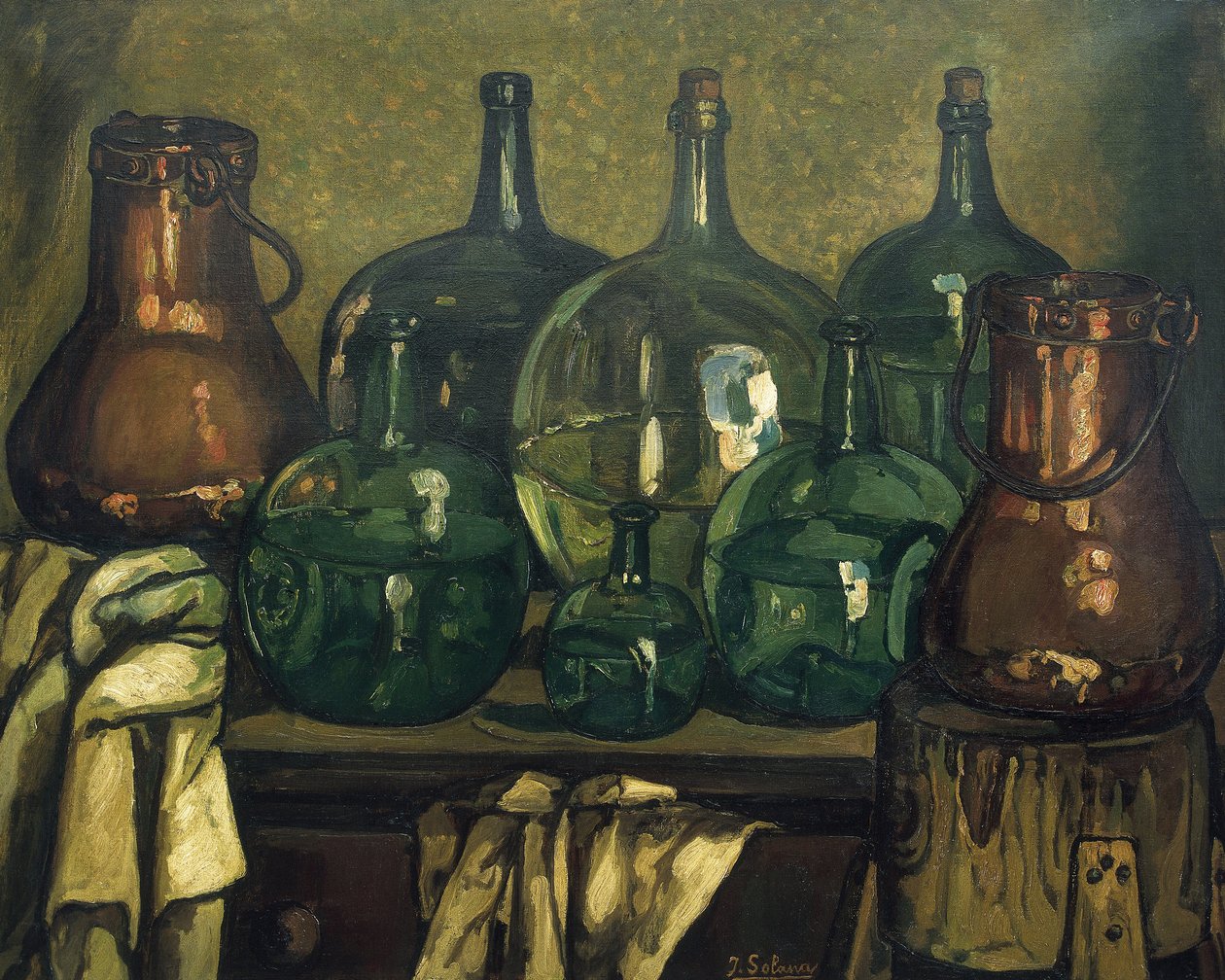 GUTIERREZ SOLANA, Jose (1886-1945). Asetelma pullon kanssa. 1927. Nykytaide. Öljy kankaalle. Yksityiskokoelma. tekijältä Jose Gutierrez Solana