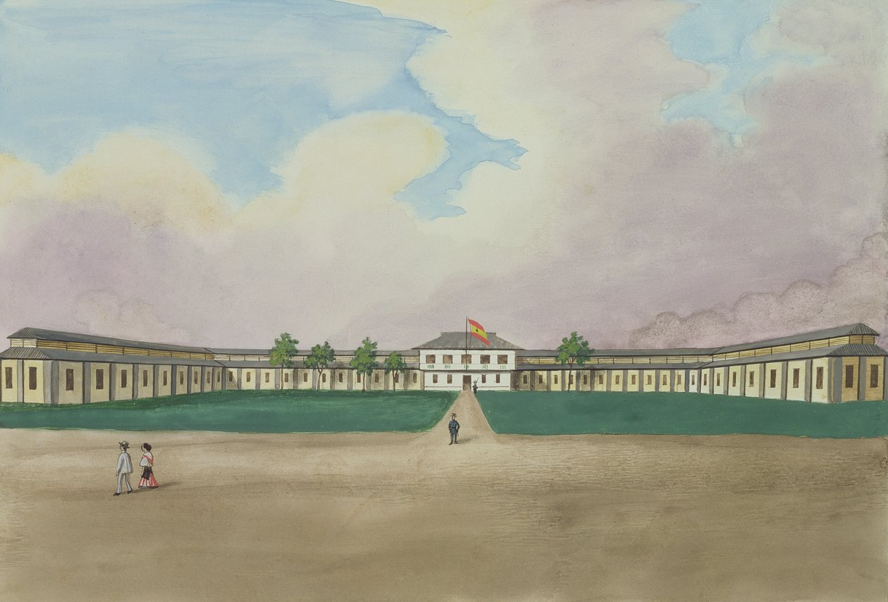 Uusi sikaritehdas Meisicissä, "The Flebus Album of Views In and Around Manila", n. 1845 tekijältä Jose Honorato Lozano