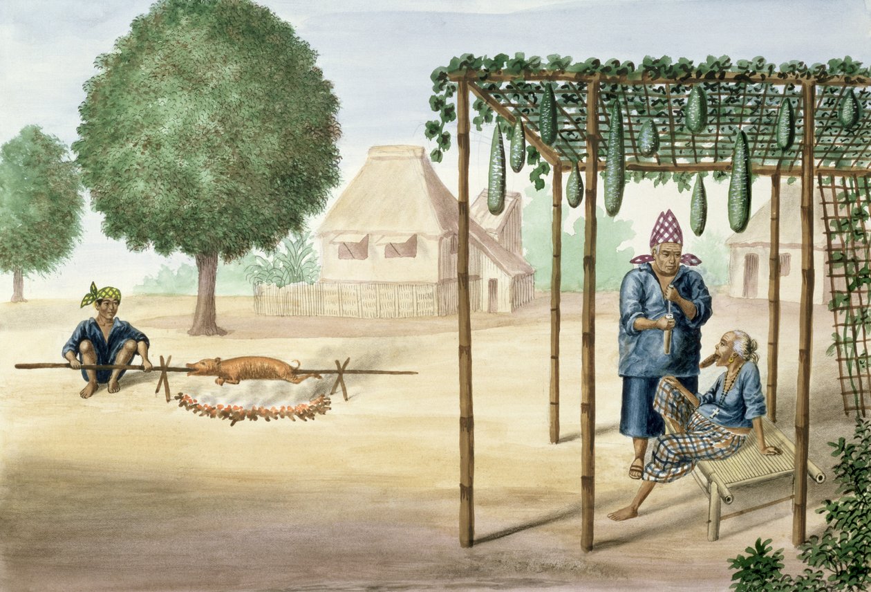 Kyläkohtaus Manilan lähellä, elokuvasta "The Flebus Album of Views In and Around Manila", n. 1845 tekijältä Jose Honorato Lozano