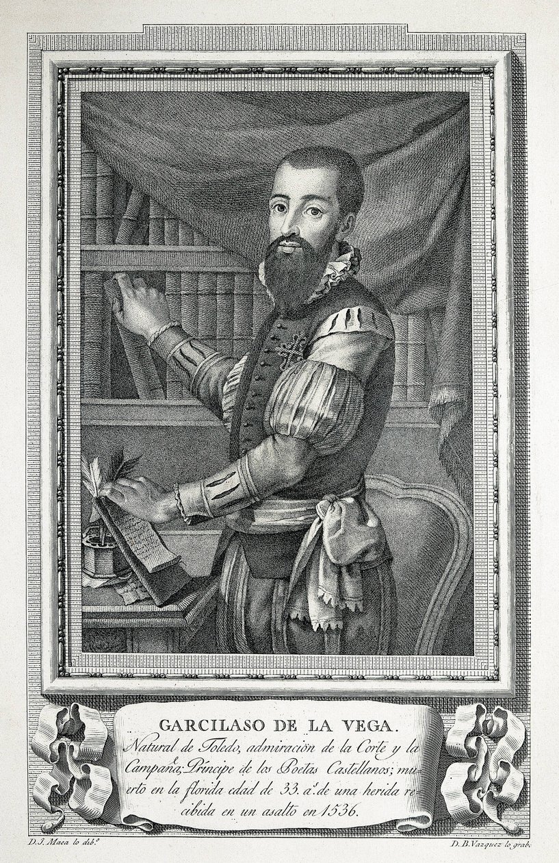MAEA, Jose (1760-1826). Garcilaso de la Vegan muotokuva. 1791. Jose Maean piirtämä ja Bartolome Vazquezin kaiverruttama burinopiirros. Etsaus. tekijältä Jose Maea