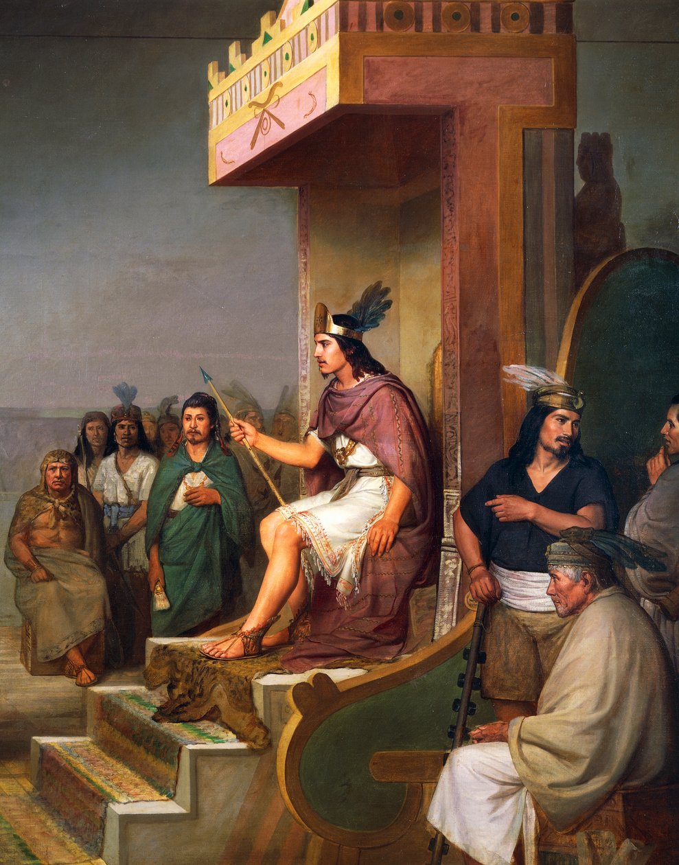 Keisari valtaistuimella, yksityiskohta Discovery of pulquesta, mesoamerikkalainen alkoholijuoma, Jose Maria Obregonin (1832-1902) öljy kankaalle tekijältä José María Obregón