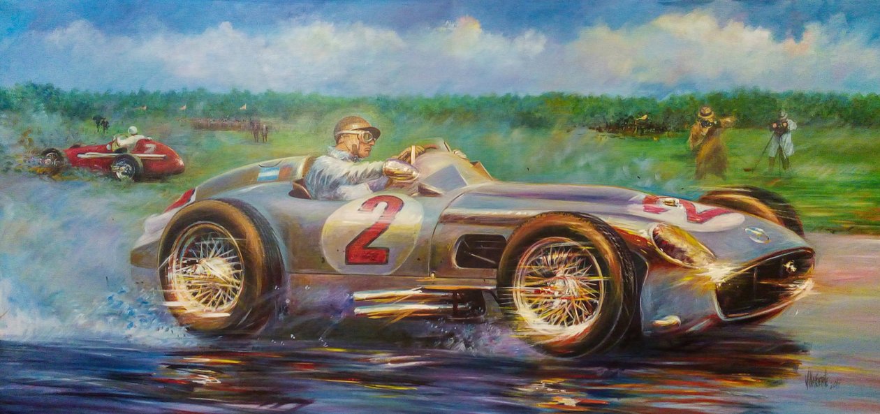 Juan Manuel Fangio, Buenos Airesin kaupungin Grand Prix 1955, Argentiina, Mercedes Benz 196 W. (akryyli kankaalle) tekijältä Jose Maria Villafuerte