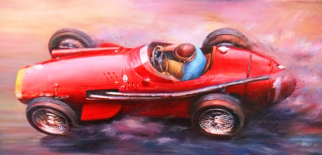 Juan Manuel Fangio, Mille Miglia 1953, Alfa Romeo 6C3.000cc (punainen kansi) (akryyli kankaalle) tekijältä Jose Maria Villafuerte