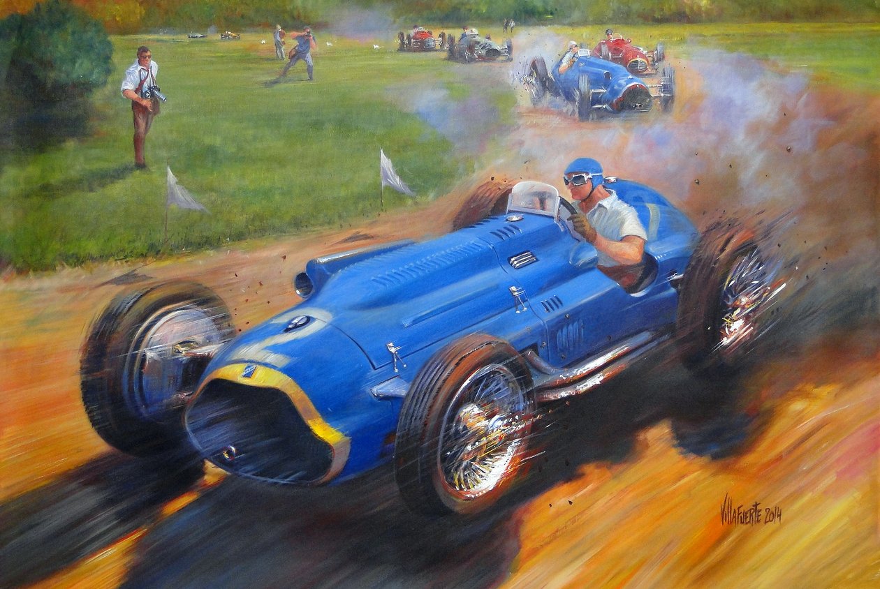 Juan Manuel Fangio Talbot Lake T26C:n kanssa, 2011 (akryyli kankaalle) tekijältä Jose Maria Villafuerte