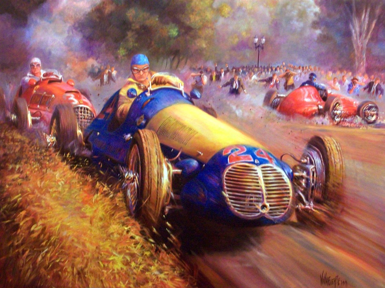 Juan Manuel Fangio ajaa Maserati 4Cl:tä Palermo Buenos Airesin metsä tekijältä Jose Maria Villafuerte
