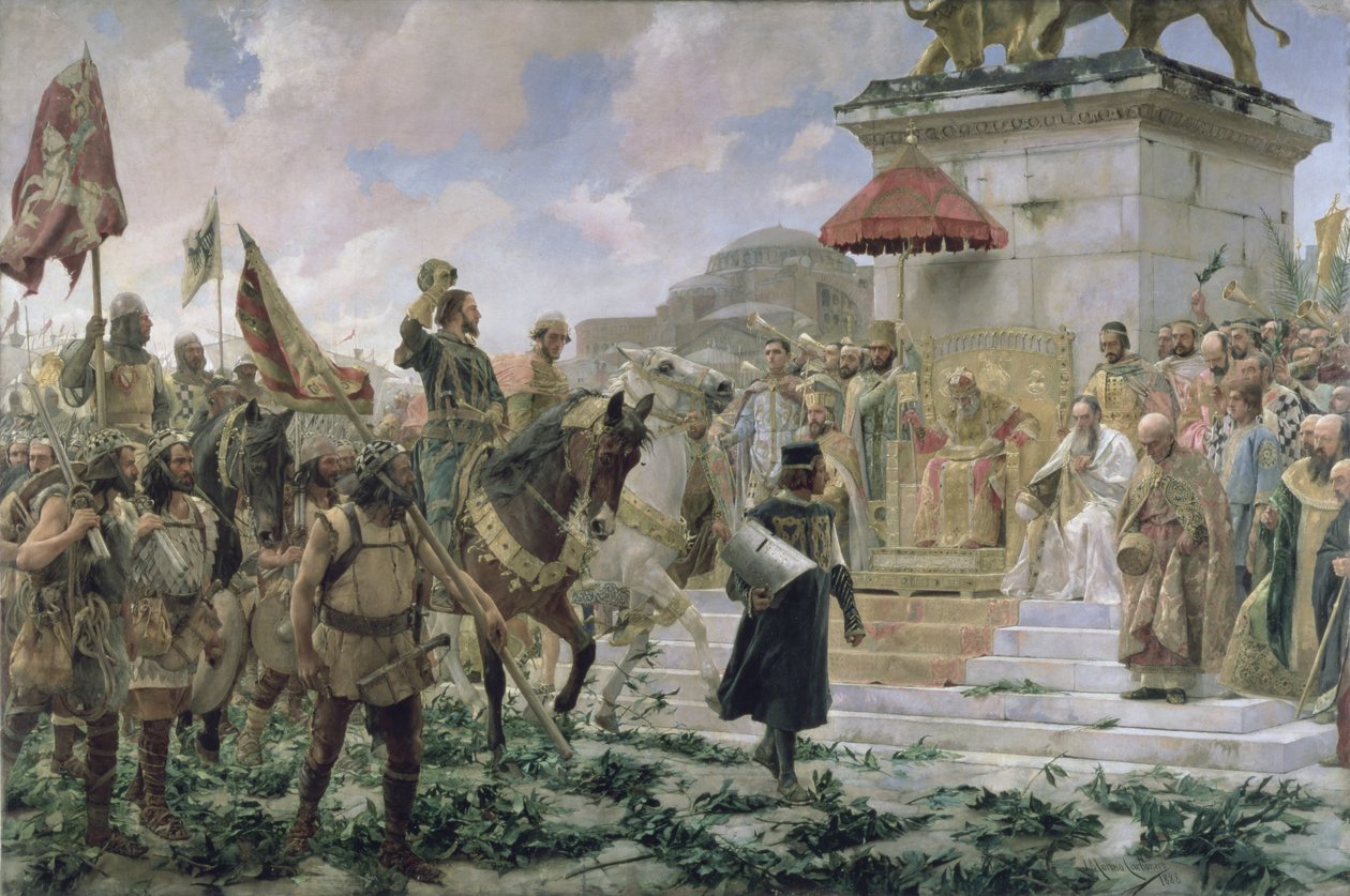 Roger de Florin (1280-1307) saapuminen Konstantinopoliin vuonna 1303, kun 8000 "almogavaret" palveli Bysantin keisaria taistelussa turkkilaisia vastaan, 1888 tekijältä Jose Moreno Carbonero