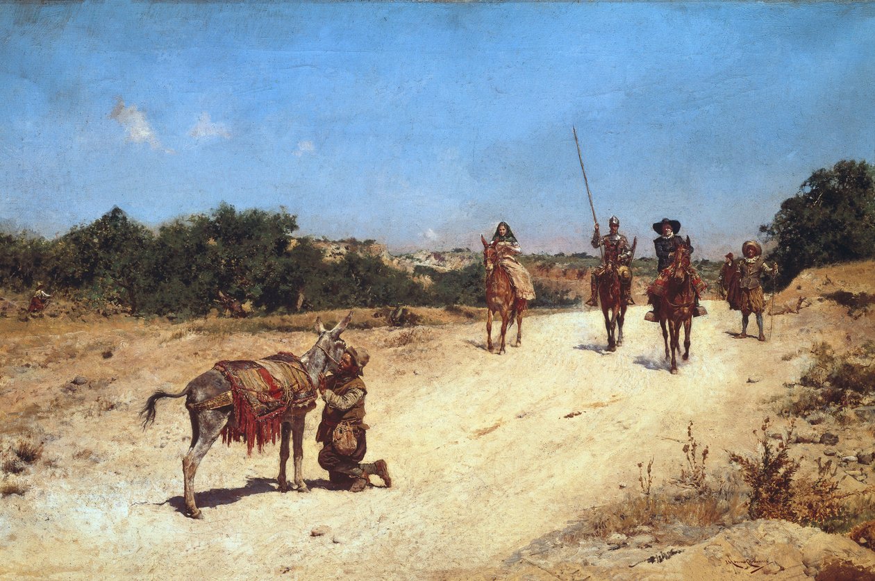 Sancho Panzan ja hänen aasinsa Rucion tapaaminen, Don Quijoten kuvitus, n. 1878 (öljy kankaalle) tekijältä Jose Moreno Carbonero