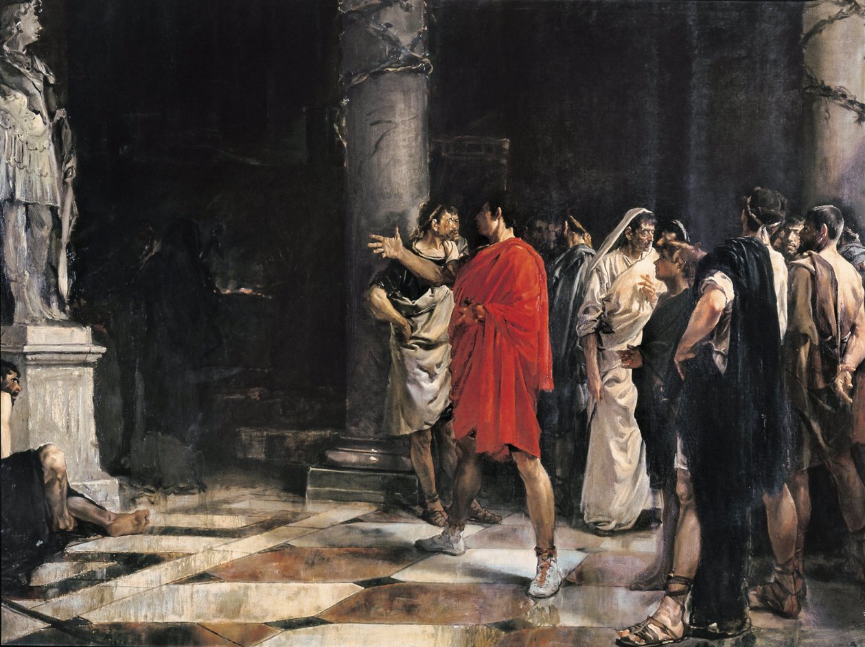 Jules Cesar (Caius Iulius Caesar) (101-44 eKr.) seisoo Aleksanteri Suuren patsaan edessä Herkules of Cadizin temppelissä (Gadir) (öljy kankaalle) tekijältä Jose Morillo Ferrada