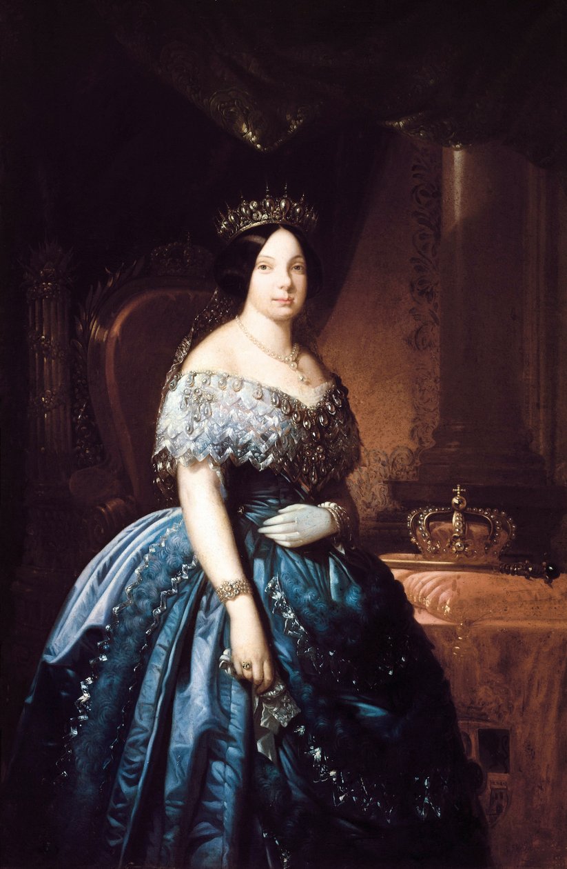 Muotokuva Isabella de Bourbon (Isabel de Borbon) II:sta (1830-1904), Espanjan kuningattaresta 1833-1868. Jose Romeun (?) maalaus. Öljy kankaalle tekijältä Jose Romeu