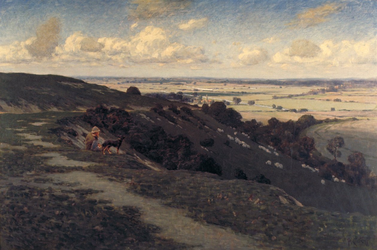 "Hauta kukkula ja kylä näköalalla North Downsiin", c1879-1919 tekijältä Jose Weiss