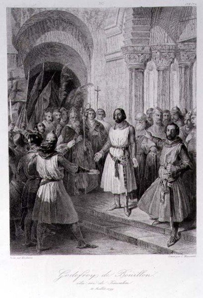 Godfrey of Bouillon (n. 1060-1100) Jerusalemin kuninkaaksi valittu, Leopold Massardin (1812-89) kaiverrus (kaiverrus) tekijältä Jose de (after) Madrazo y Garreta