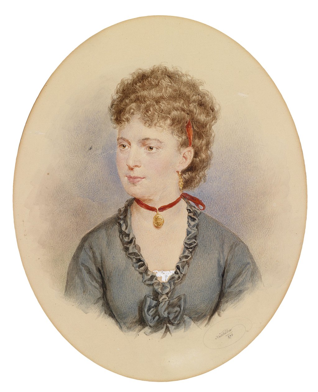 Bildnis einer jungen Frau mit rotem Halsband und Medaillon tekijältä Josef Nikolaus Kriehuber