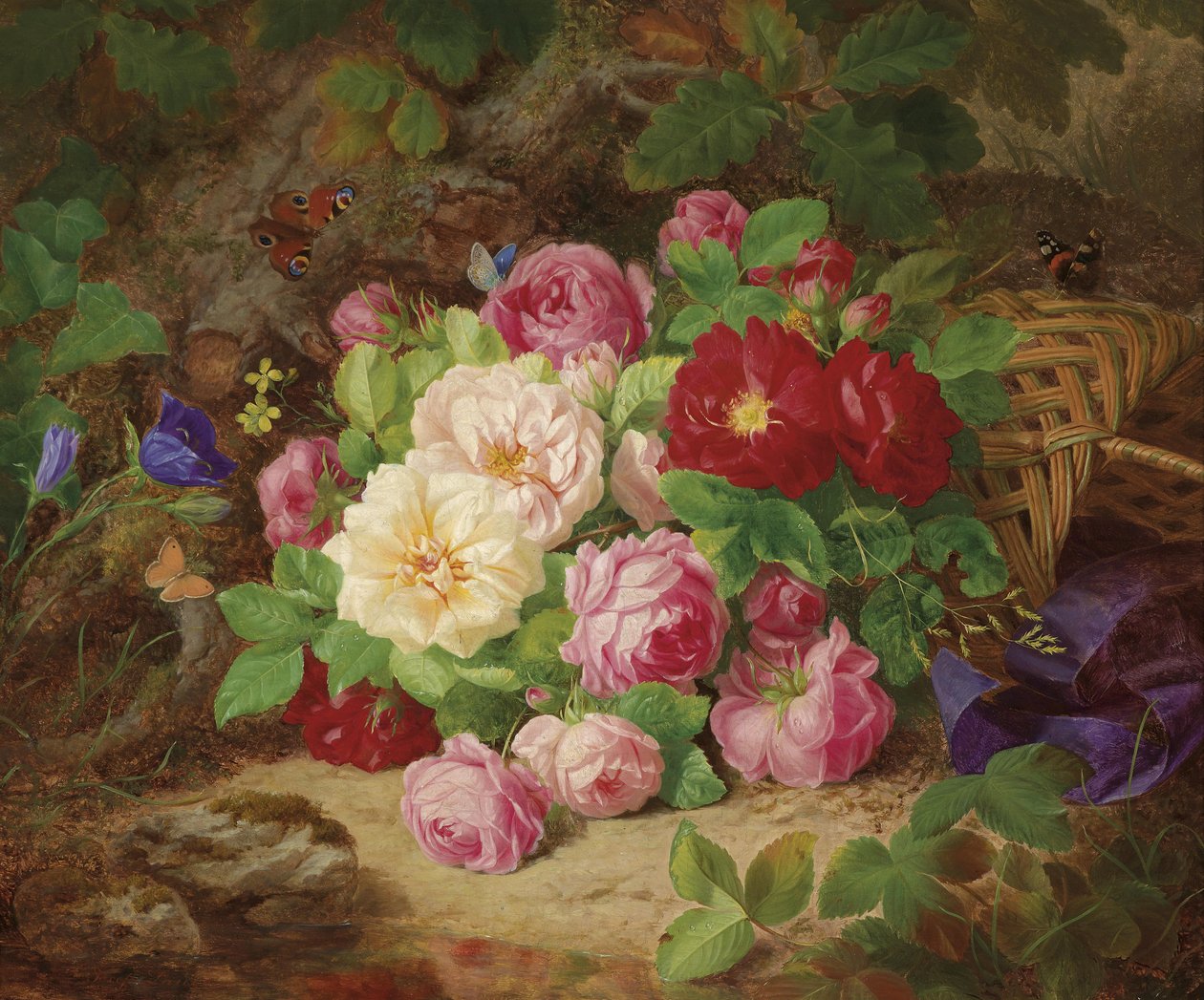 Rosenstück am Waldboden mit Schmetterlingen, Korb und blauem Band tekijältä Josef Lauer