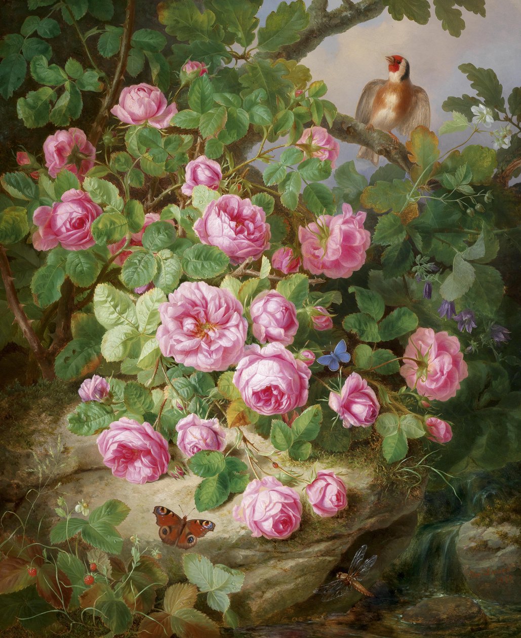 Rosenstillleben mit Schmetterlingen und Vogel tekijältä Josef Lauer