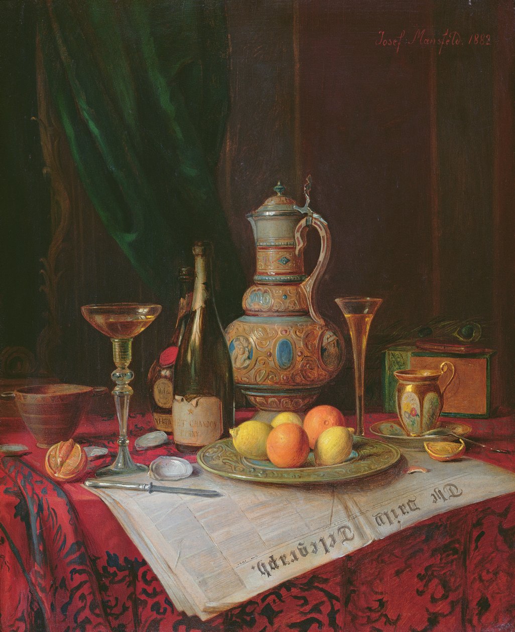 Asetelma samppanjapullon kanssa, 1882 (paneeli) tekijältä Josef Mansfeld