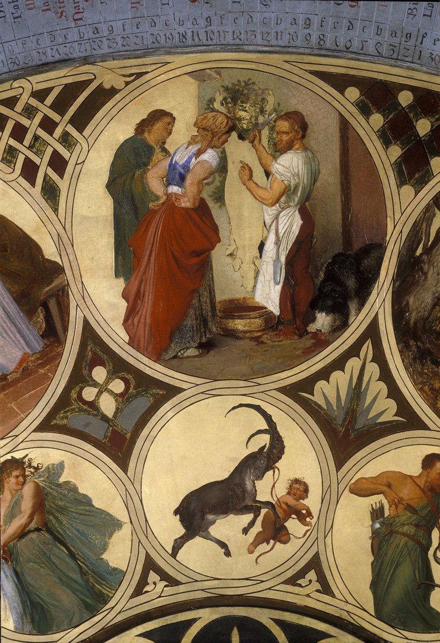 Prahan astronomisen kellon kalenterilevy – joulukuu, 1865-66 (öljy kuparilevylle) tekijältä Josef Mánes
