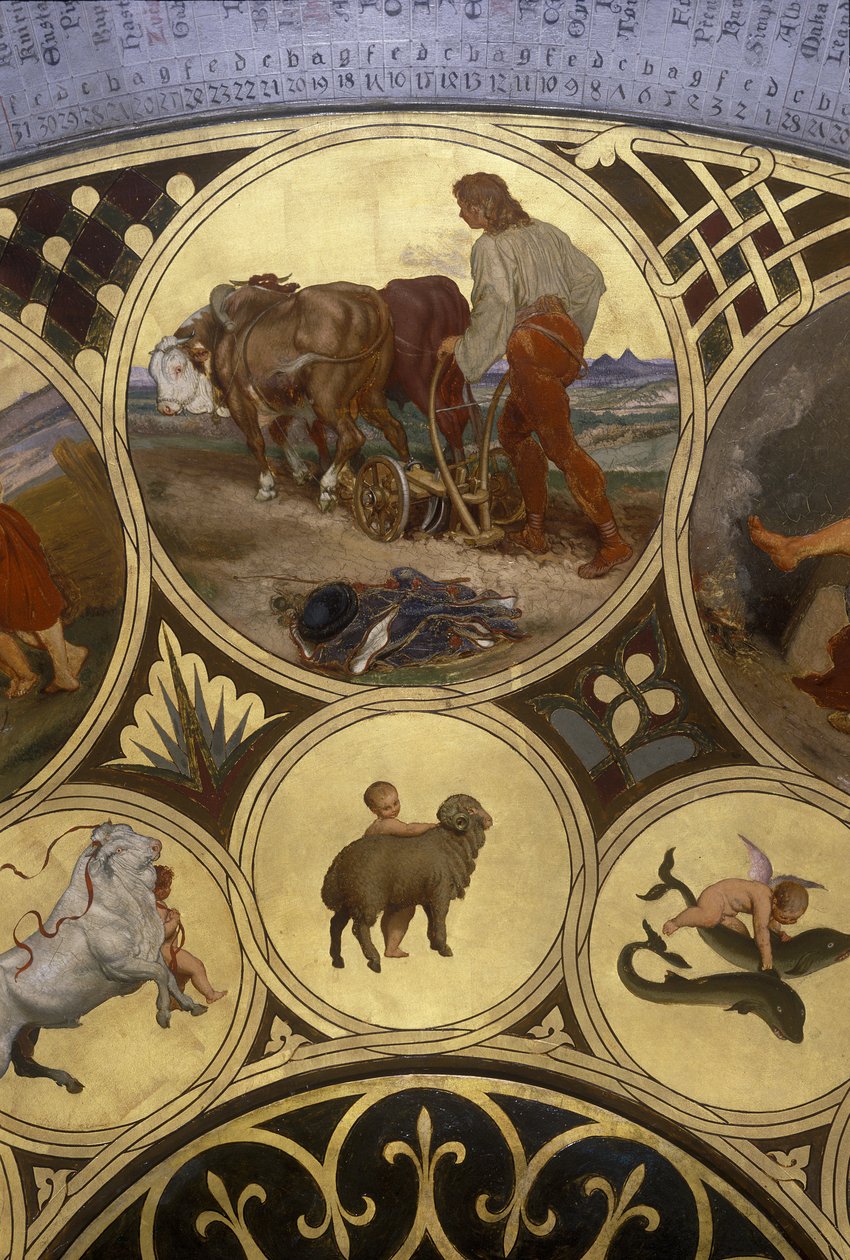 Prahan astronomisen kellon kalenterilevy – maaliskuu 1865-1866 (öljy kuparilevylle) tekijältä Josef Mánes