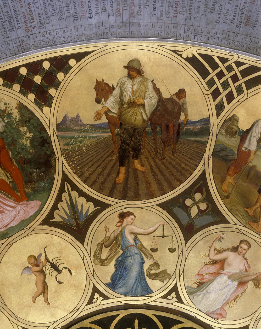 Prahan astronomisen kellon kalenterilevy – syyskuu 1865-1866 (öljy kuparilevylle) tekijältä Josef Mánes