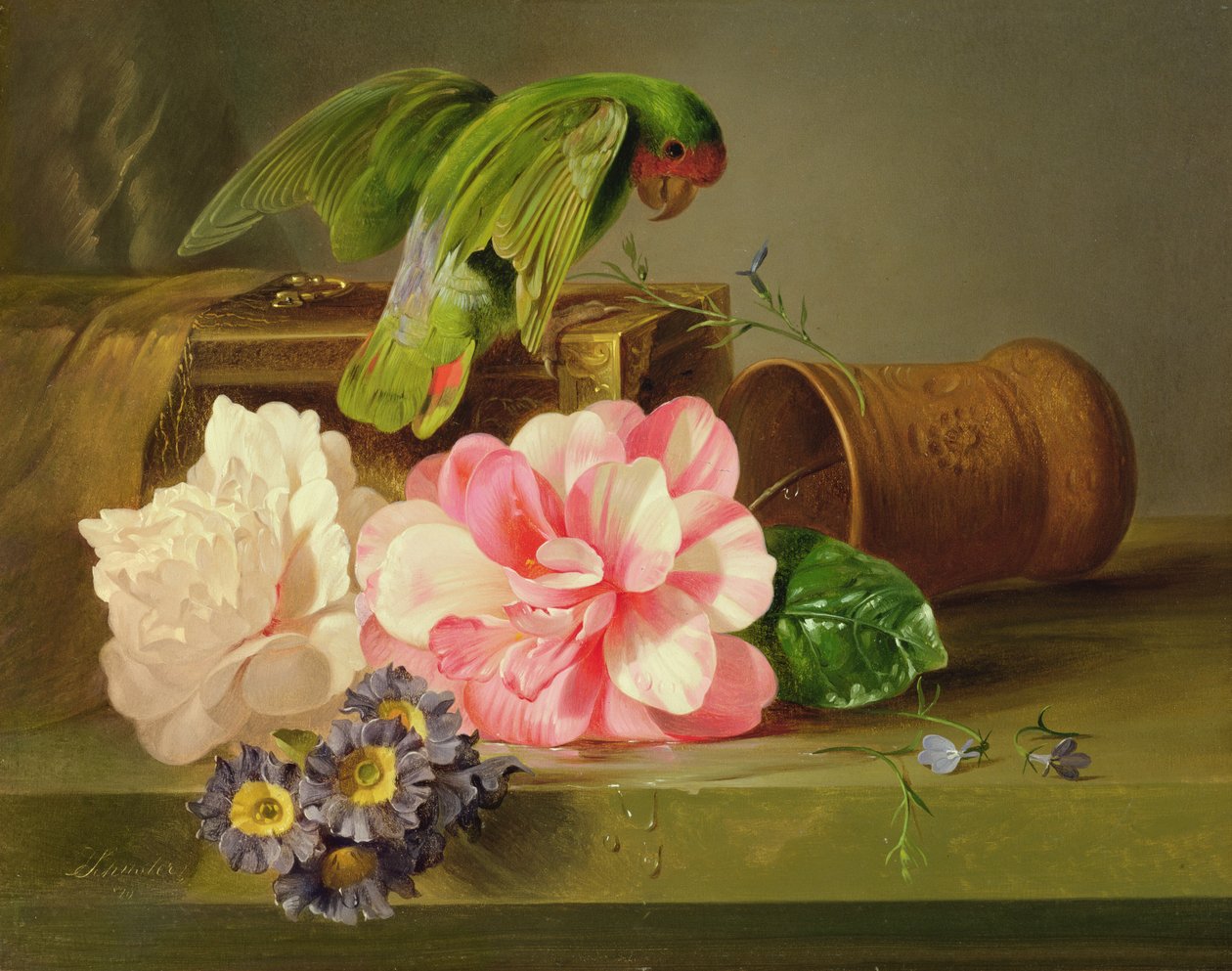 Asetelma papukaijan kanssa, 1879 tekijältä Josef Schuster