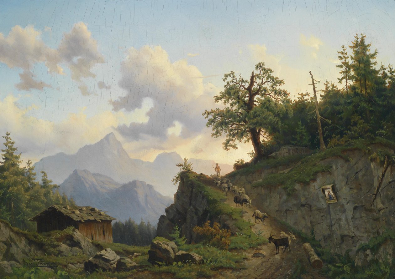 Schafhirte mit seiner Herde am Heimweg tekijältä Josef Thoma