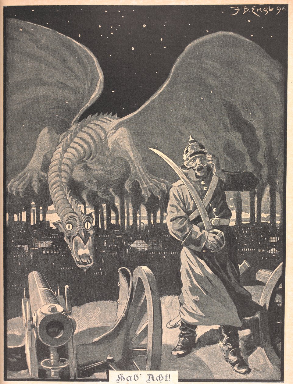 Piirustus runoon "Like Night". Lohikäärme, jota tuottaa tehtaiden savu, saksalaisen sotilaan takana. Surrealistinen kohtaus. tekijältä Josef Benedikt engl