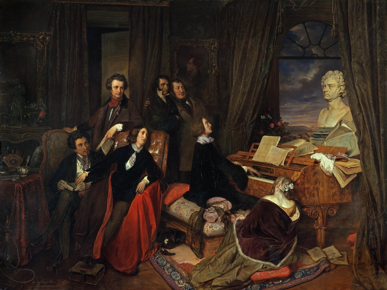 Liszt flyygelin ääressä tekijältä Josef Danhauser