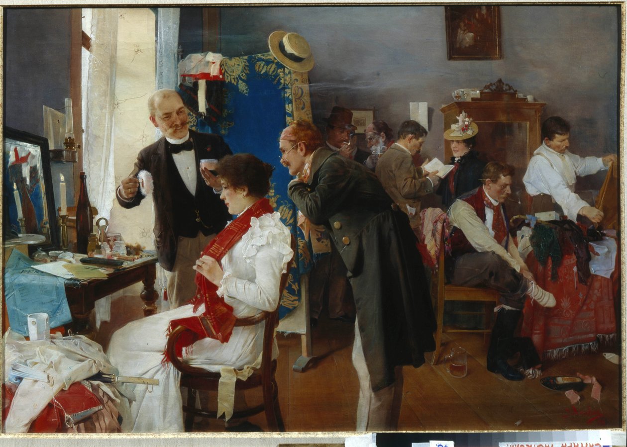 ""Dans la loge"" (Pukuhuoneessa) Taiteilijat valmistautumassa ennen esitystä Josef Douban maalaus (1866-1928) 1800-luvun loppu Öljy kankaalle - Yksityiskokoelma tekijältä Josef Douba