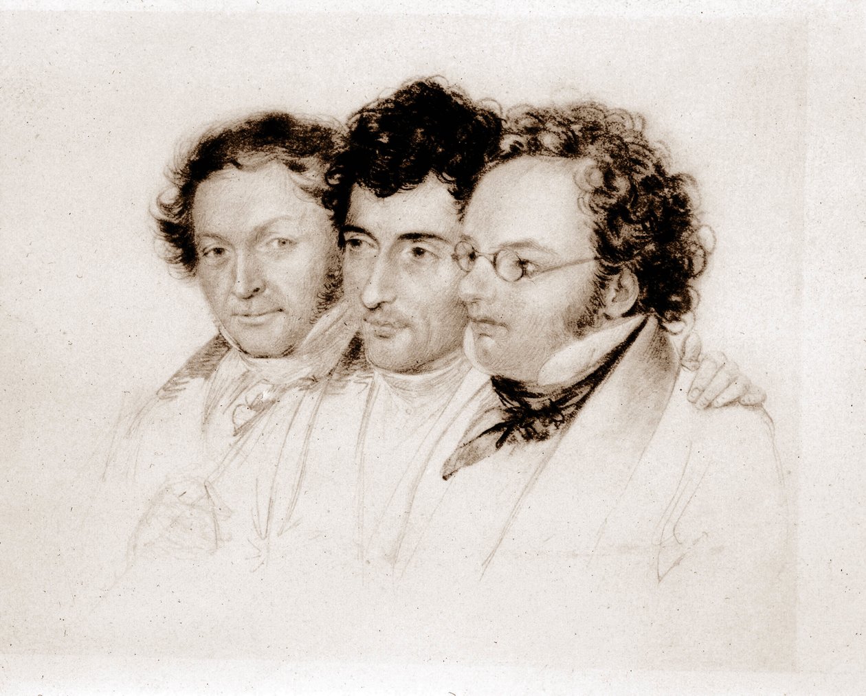 Vasemmalta oikealle: Jenger, Httenbrenner ja F. Schubert. Feltscherin Acquarelle. tekijältä Josef Eduard Teltscher
