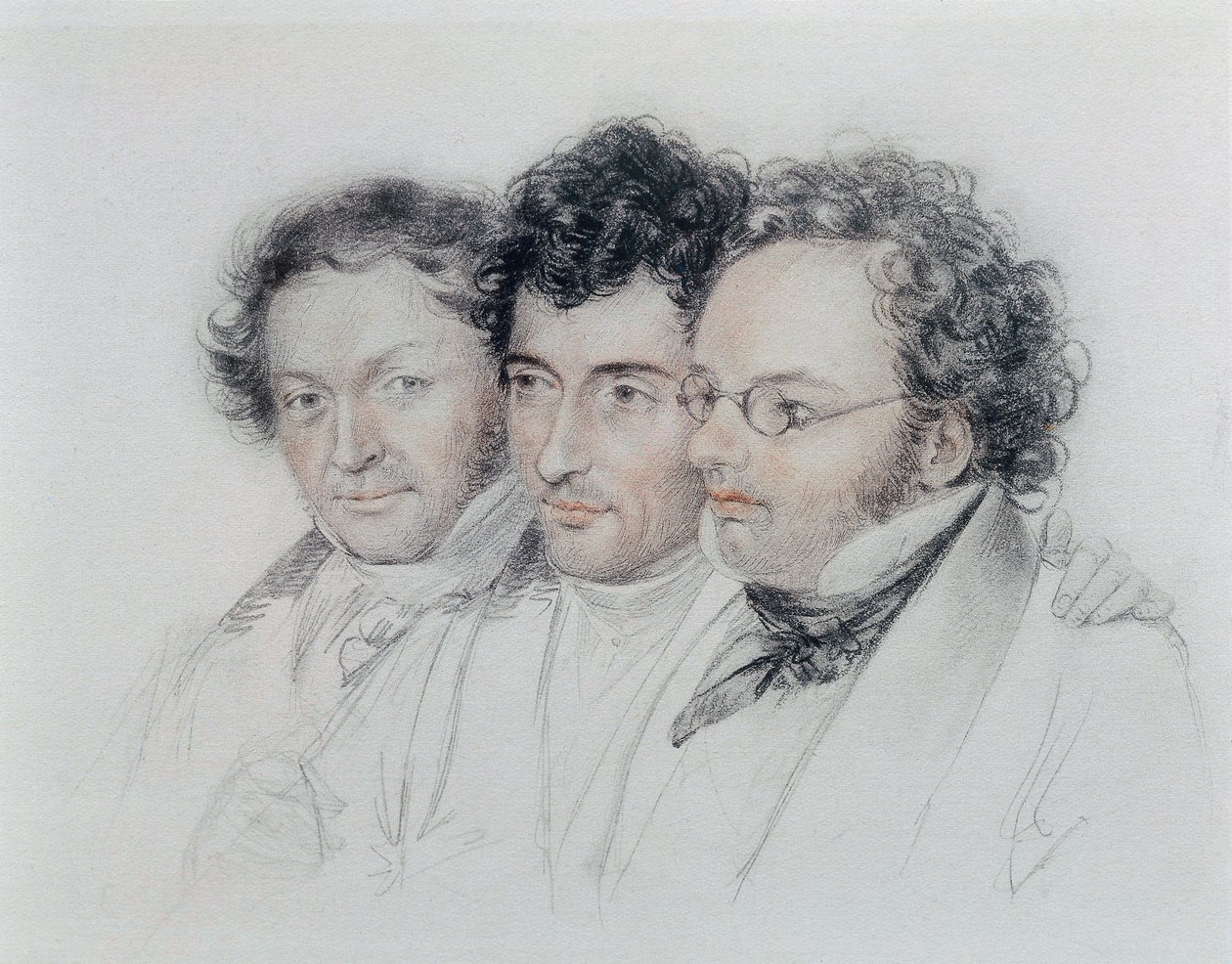 Vasemmalta oikealle säveltäjien Johann Baptist Jengerin (1793-1856), Anselm Huttenbrennerin (1794-1868) ja Franz Schubertin (1797-1828) ystävät, pastelli Josef Teltscher tekijältä Josef Eduard Teltscher