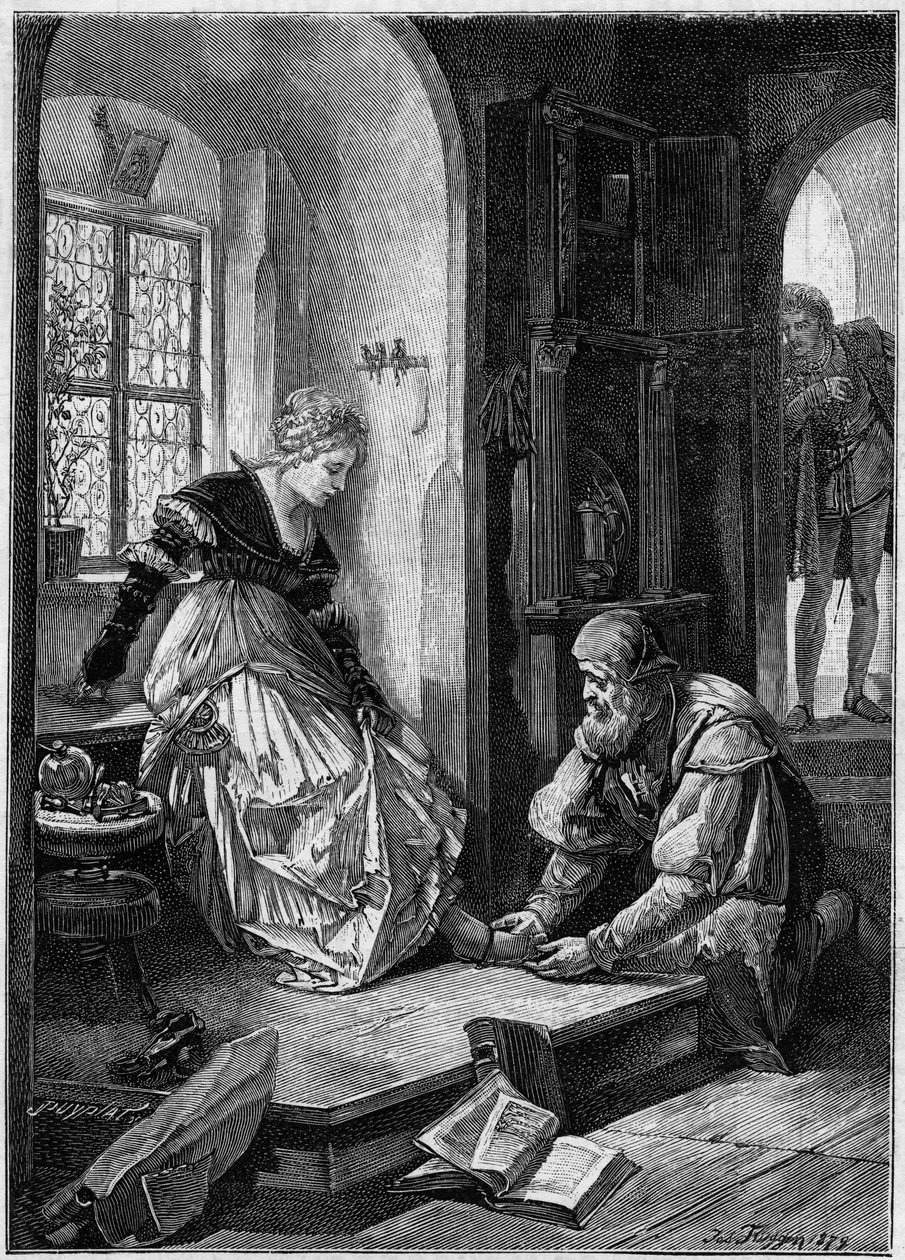 Eva Hans Sachsin työpajassa (Oopperan "Die Meistersinger von Nurnberg" III näytös", ranskaksi Richard Wagnerin "Nürnbergin mestarilaulajat", kirjoitettu 1868) Joseph Fluggenin maalauksen perusteella. Kaiverrus kirjaan "Kuvallinen maailma" tekijältä Josef Fluggen