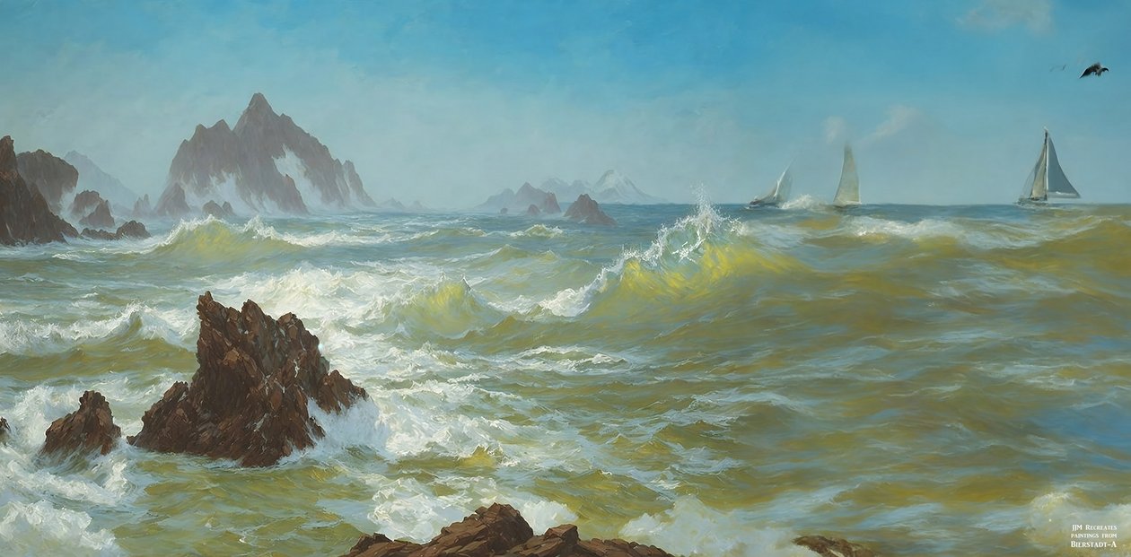 JJM luo uudelleen Bierstadt-A: Seal Rock Californian (purjelaivojen kanssa) tekijältä Josef Johann Michel
