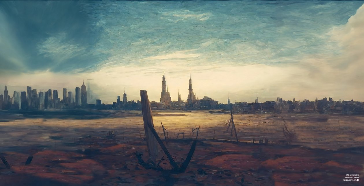 JJM luo uudelleen Friedrich-C-D: City at moonrise (korkeat rakennukset) tekijältä Josef Johann Michel