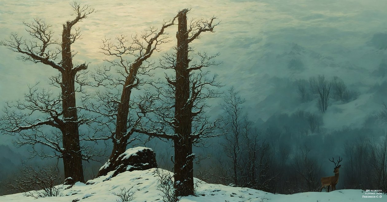JJM luo uudelleen Friedrich-C-D: Kivikasa lumessa (panoraama) tekijältä Josef Johann Michel