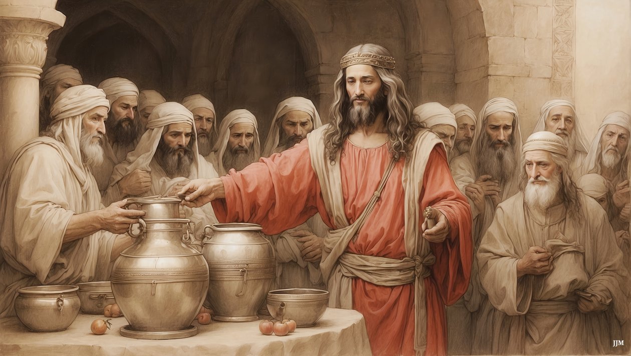 Jeesus_kertoo palvelijoille_täyttää vesiastiat_Kanaanin häät_01 tekijältä Josef Johann Michel