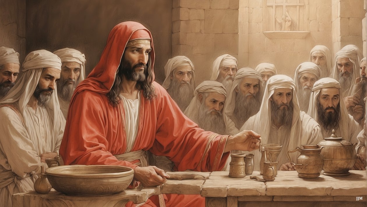 Jeesus_kertoo palvelijoille_täyttää vesiastiat_Kanaanin häät_02 tekijältä Josef Johann Michel