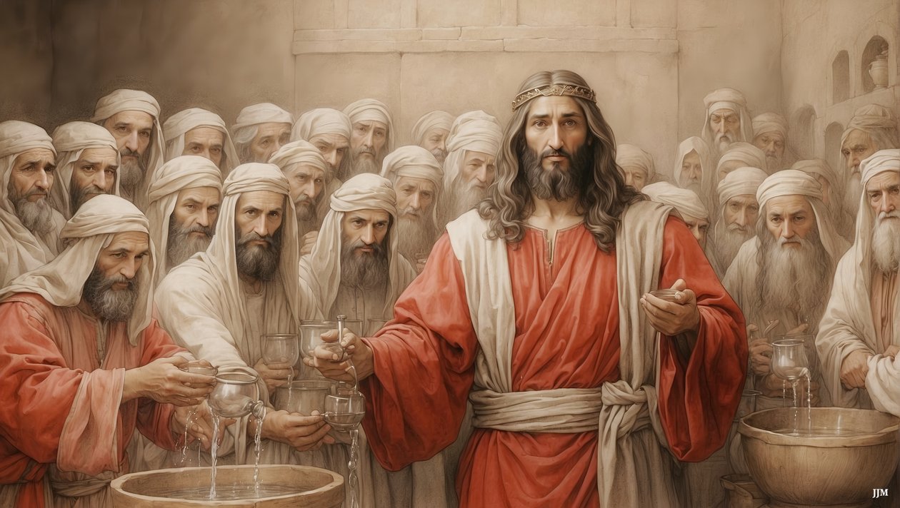 Jeesus_kertoo palvelijoille_täyttää vesiastiat_Kanaanin häät_03 tekijältä Josef Johann Michel