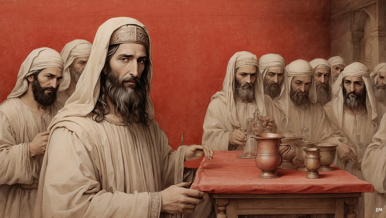 Jeesus_kertoo palvelijoille_täyttää vesiastiat_Kanaanin häät_04 tekijältä Josef Johann Michel