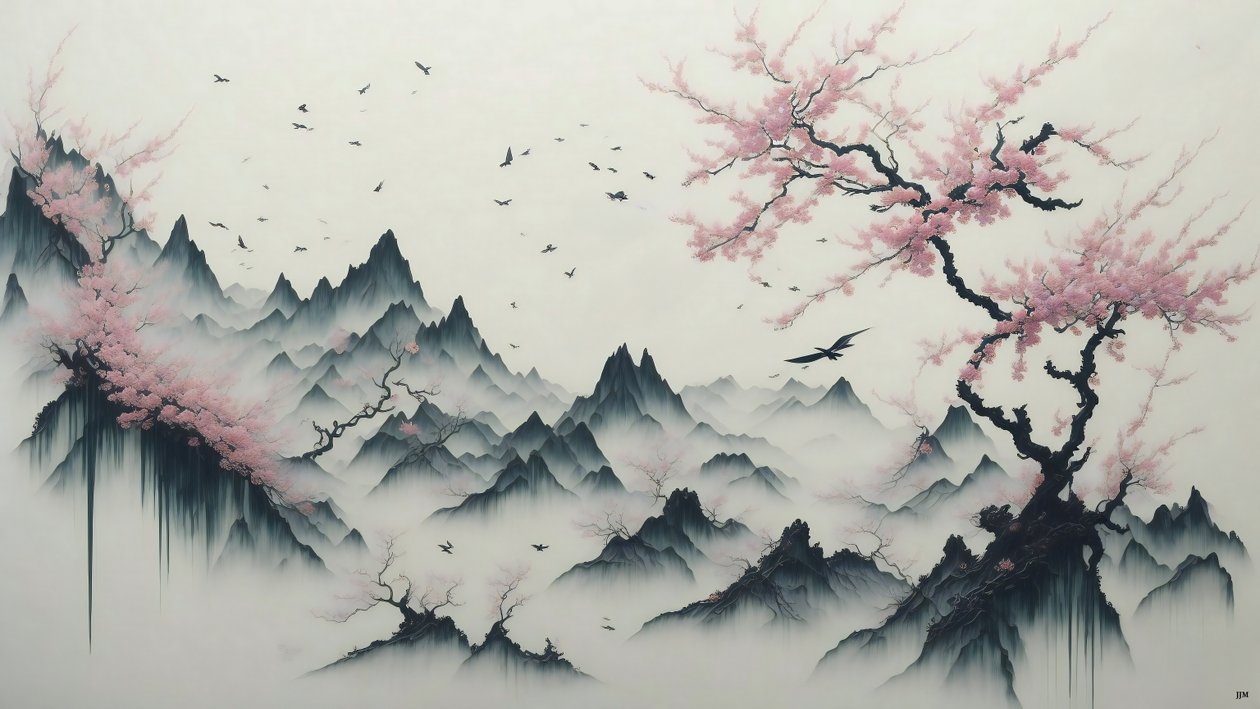 mustemaalaus: Cherry Blossom trees blooming_01 tekijältä Josef Johann Michel