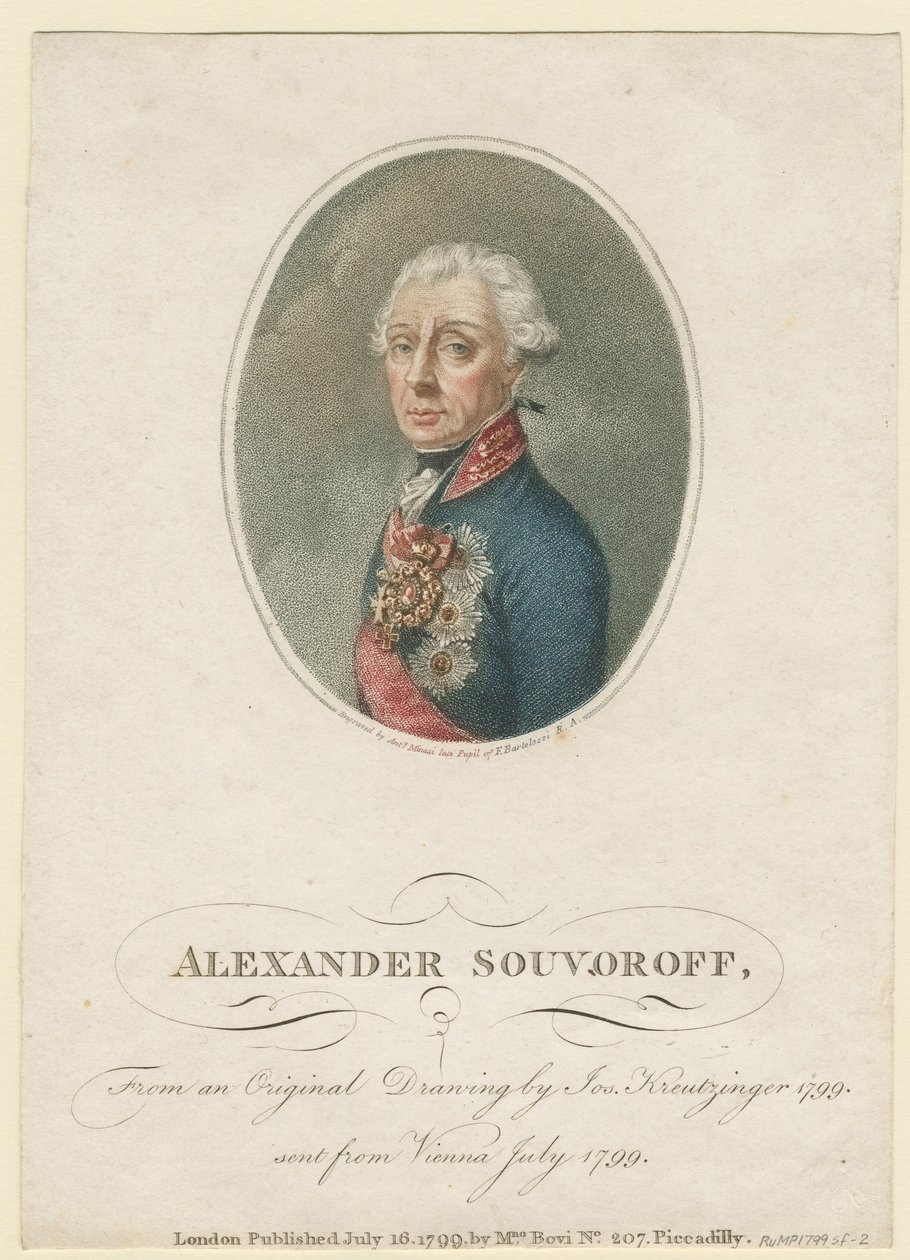 Kenraallikonraali Generalissimo Prinssi Aleksandr Suvorovin muotokuva (Alexandre Souvorov) (1729-1800) - Kreuzinger, Josef (1757-1829) - 1799 - Etsaus, akvarelli - 22,5x16 - Yksityiskokoelma tekijältä Josef Kreuzinger