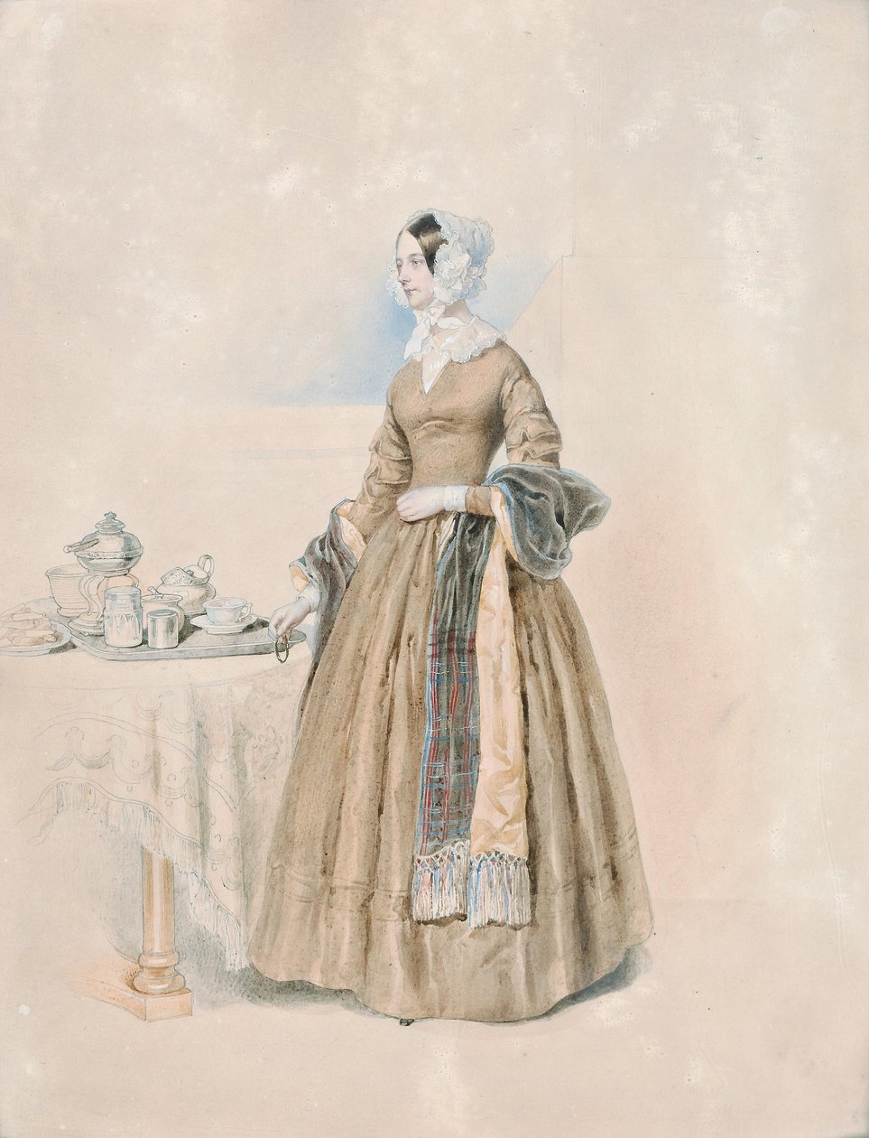 Prinsessa Leopoldine Karoline Palffyn muotokuva, s. Kreivitär Kaunitz-Rietberg (kolmannen prinssi Anton Karl Palffyn vaimo) seisomassa katetussa teepöydässä tekijältä Josef Kriehuber