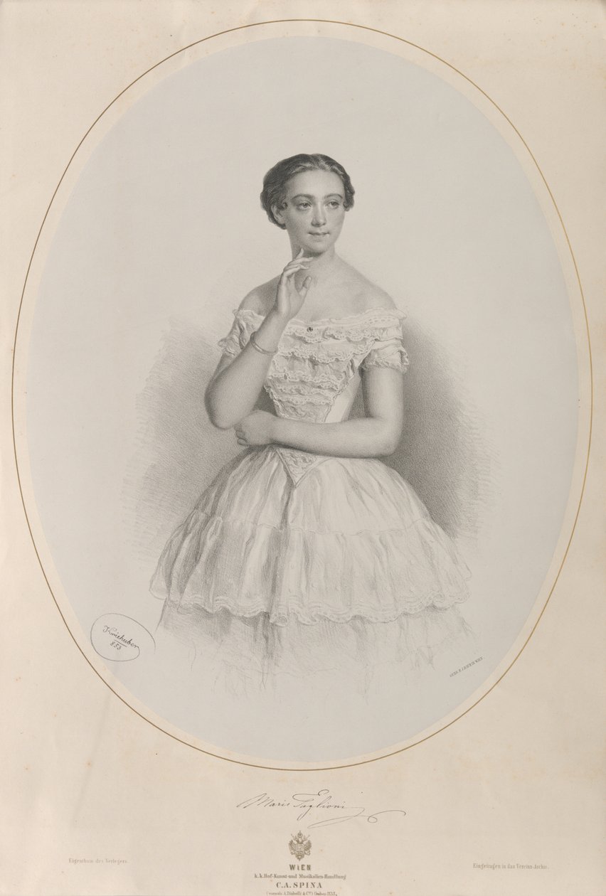 Balerina Marie Taglionin muotokuva 1804-1884, 1853. tekijältä Josef Kriehuber