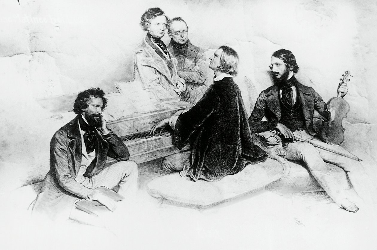 Matinee Lisztin kotona, vasemmalta oikealle, Kriehuber, säveltäjä Hector Berlioz (1803-1869), Carl Czerny (1791-1857) Lisztin opettaja, Franz Liszt (1811-1866) ja viulisti Heinrich Wilhelm Ernst (1840-1865), Lisztin Kirjailija: Josef Kriehuber (1800-1876) tekijältä Josef Nikolaus Kriehuber