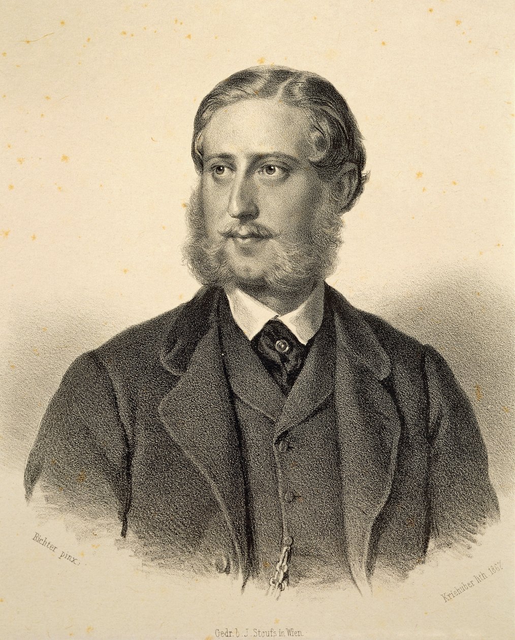 Prinssi Kinskyn (1834-1904) Ferdinand Bonaventuran muotokuva. Kaiverrus Josef Kriehuber tekijältä Josef Nikolaus Kriehuber