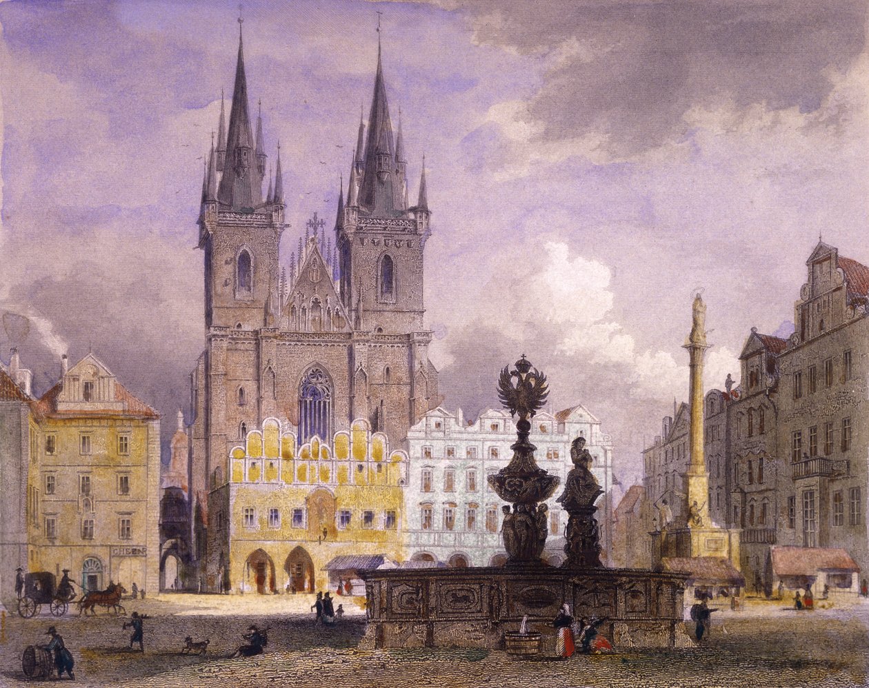 Krocín Fountain, Praha, 1864 (värillinen teräskaiverrus) tekijältä Josef Vojtech Hellich